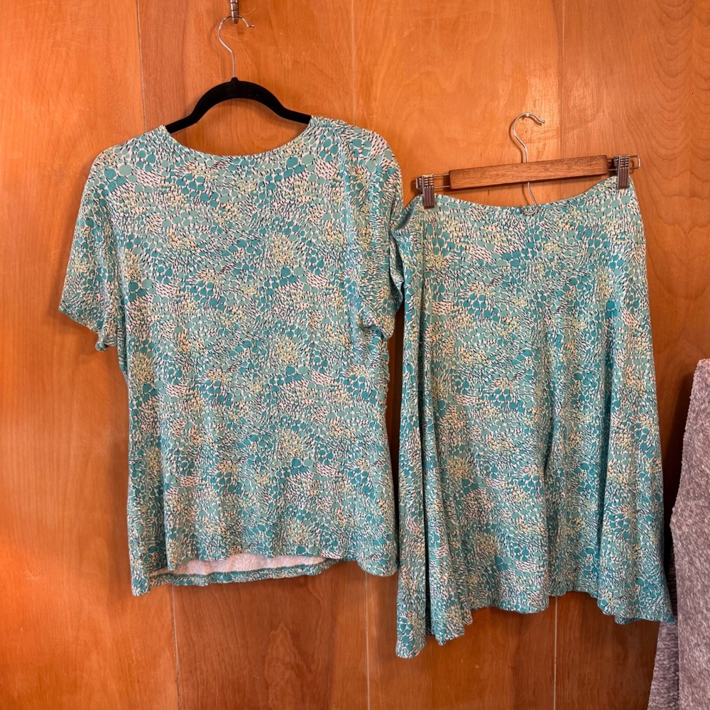 Emma James Teal Abstract Print 2 Piece Skirt Set V-Neck Top A-Line Skirt Large - Picture 4 of 9